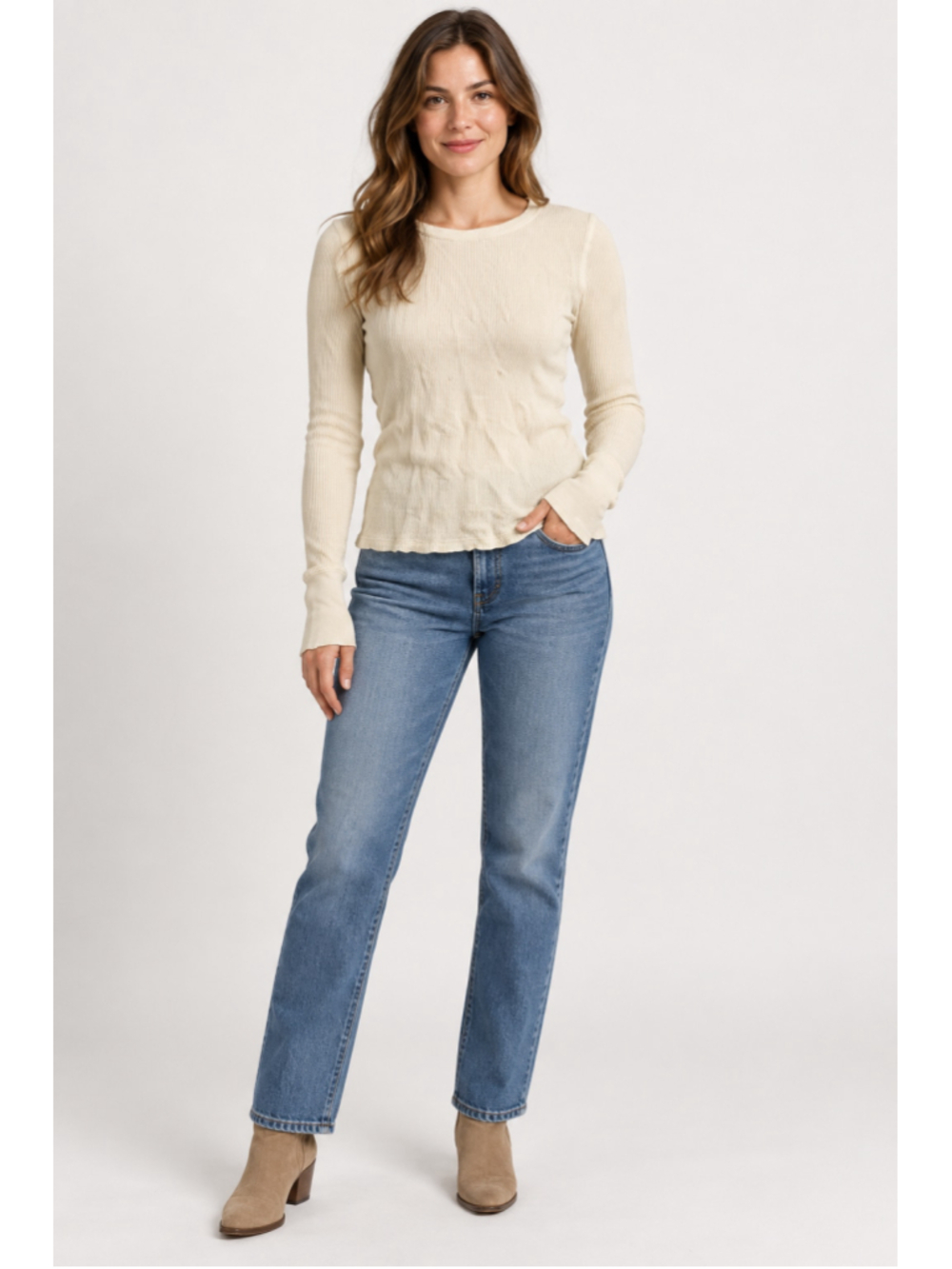 Ralph Lauren Cream Waffle-Knit Long-Sleeve Thermal Top – Size Small